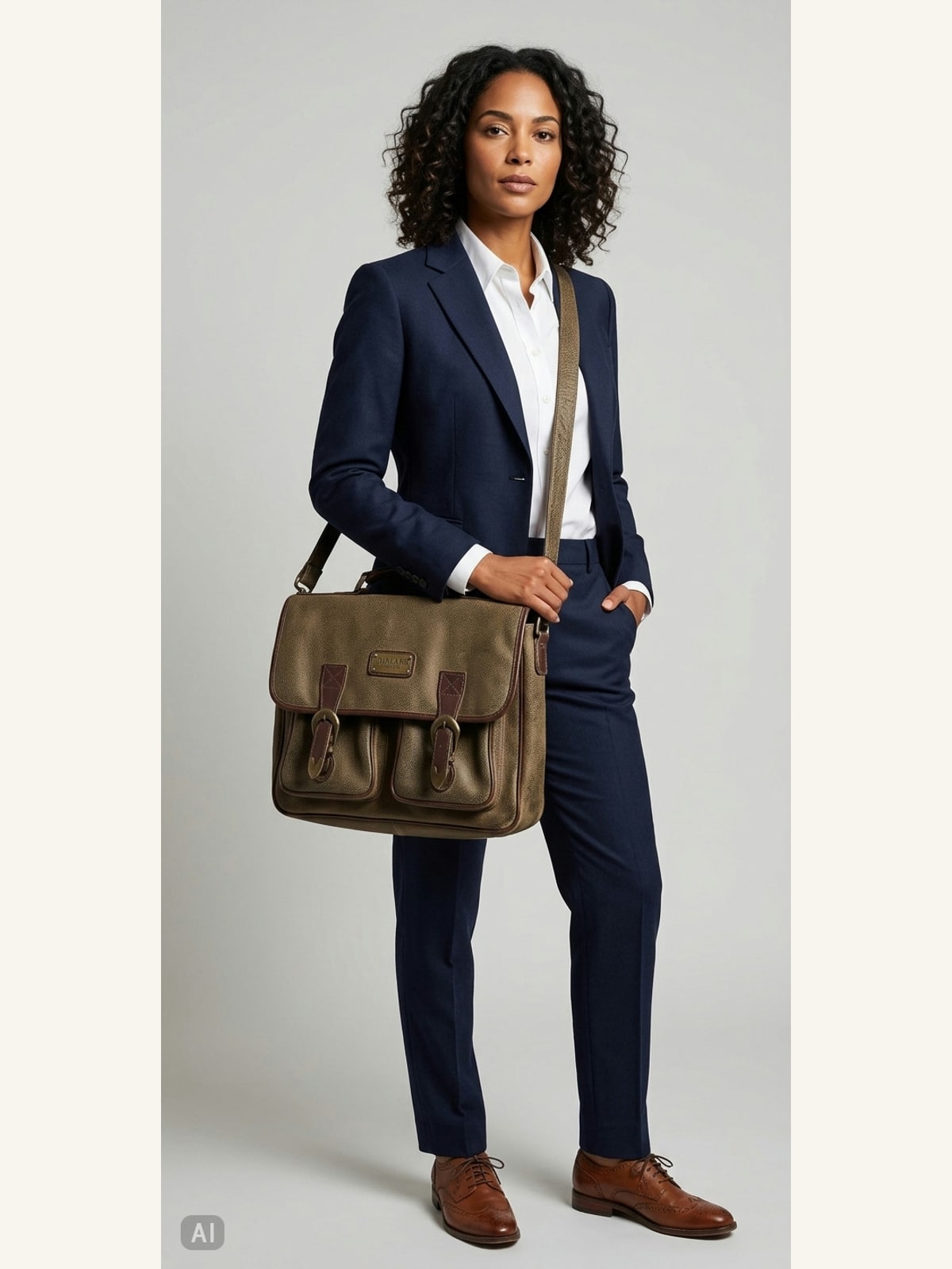 AI image of Lowland Company Leather Messenger Bag with Two Front Buckle Pockets
